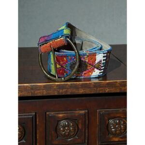 Chico’s Leather Woven Boho Belt Large Brass Buckle Colorful Wide 50” L